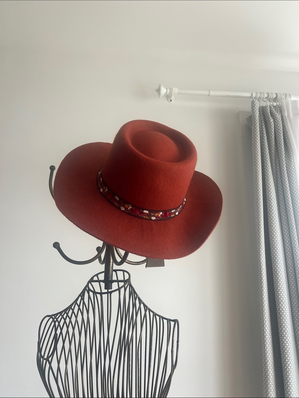 Lucky Brand Burnt Orange Wide-Brim Felt Hat with Embroidered Band